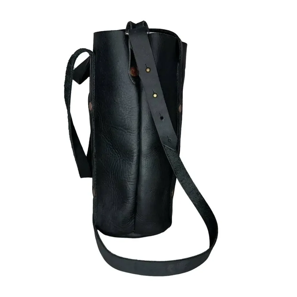 Haiti Made Mini Travay Upright Saddle Black Leather Tote Bag Purse Front Pocket